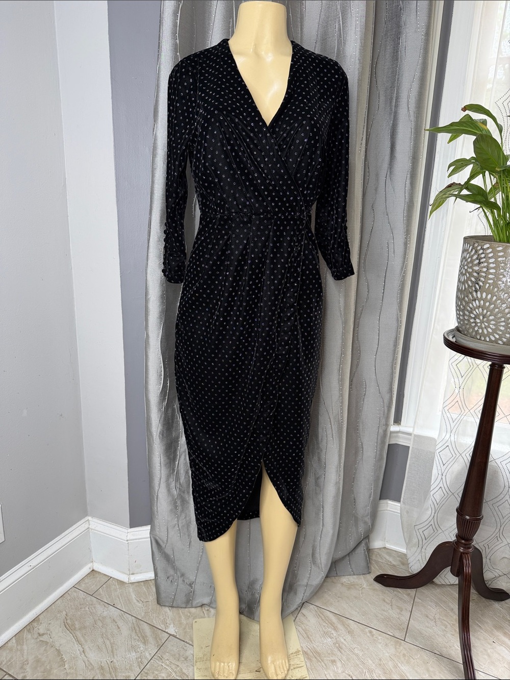 Zara Women’s Velvet Black/Silver Polka Dot Wrap-Style Maxi Dress NWT